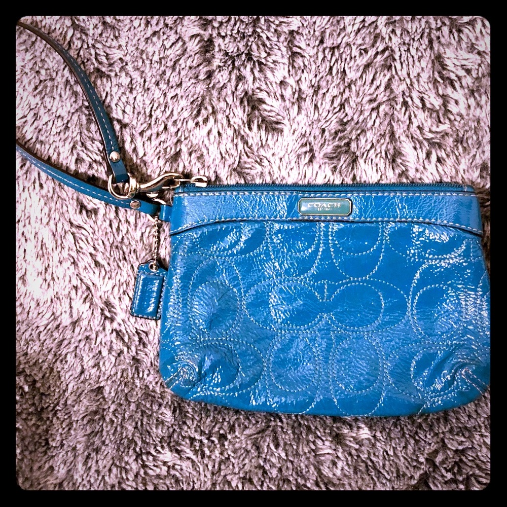 Coach Signature Teal Patent Leather Wristlet